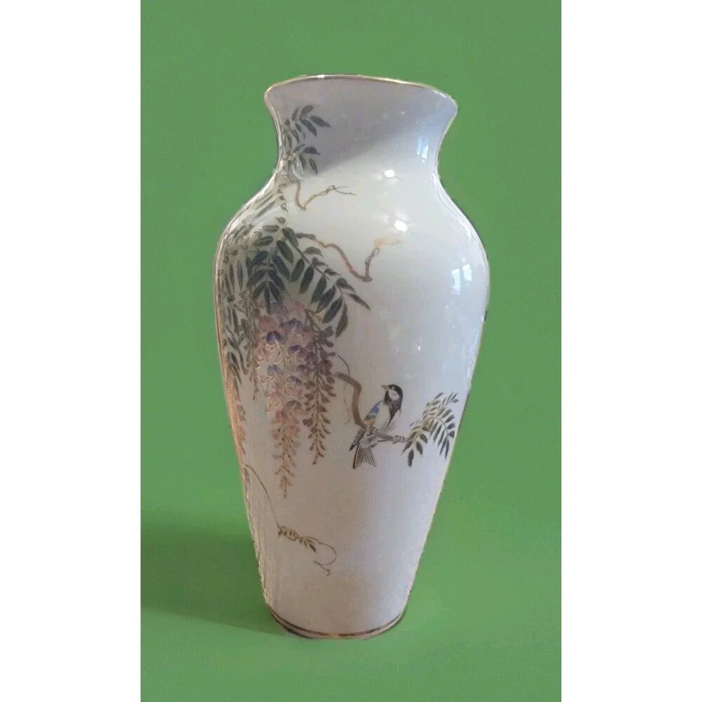 Vintage Shibata Japan Fine Porcelain Vase Flowering Wisteria Vine w Songbird 12